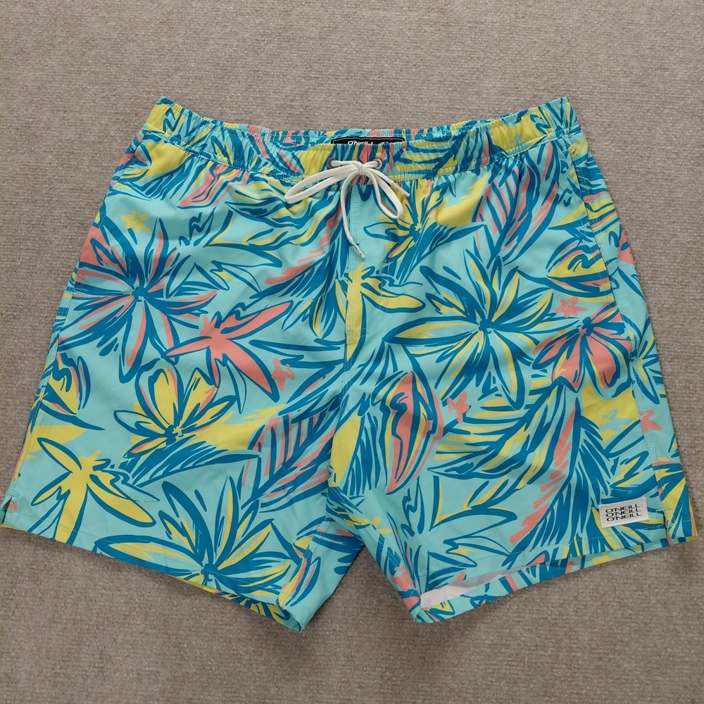 O'Neill Men's XL Hermosa Elastic Waist Board Shorts Trunks Blue Tropical *flaw